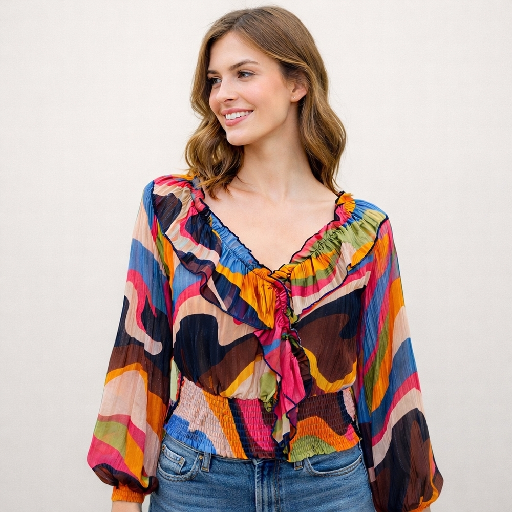 Abstract Ruffle‎ Blouse Size Small Boho Statement Top Feminine Smocked Sheer